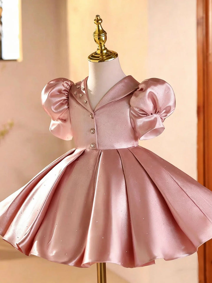 TinyTulle Elegant Pink Puff Sleeve V-Neck Satin Princess Flower Girl Dress