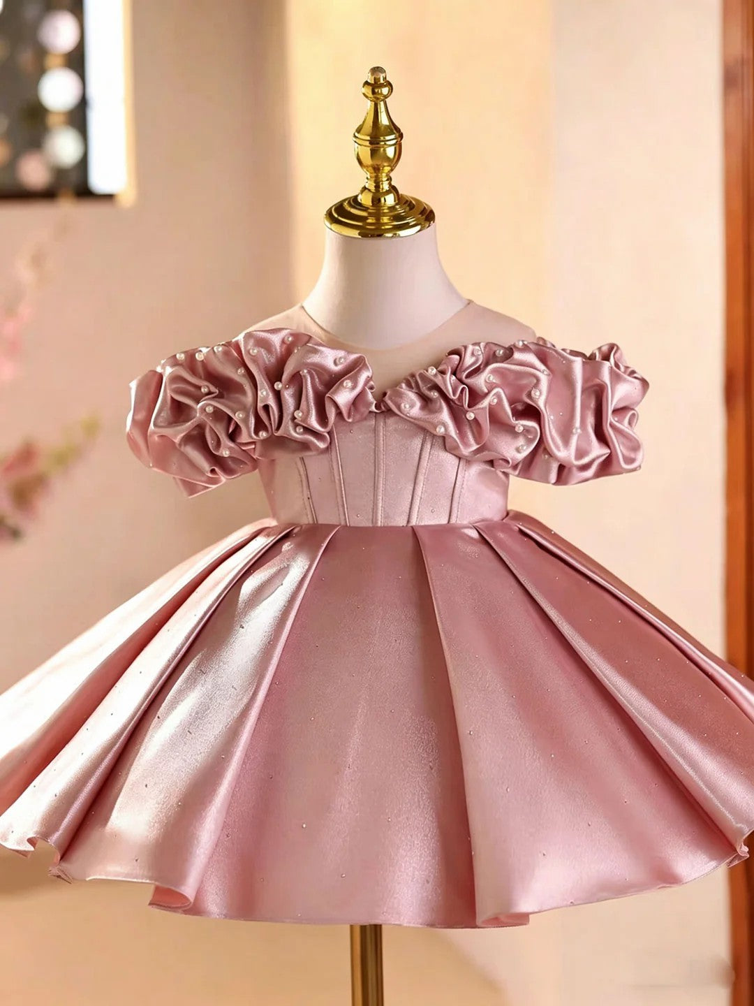 TinyTulle Elegant Pink Off-Shoulder Sleeves Satin Flower Girl Dress with Pearl Details