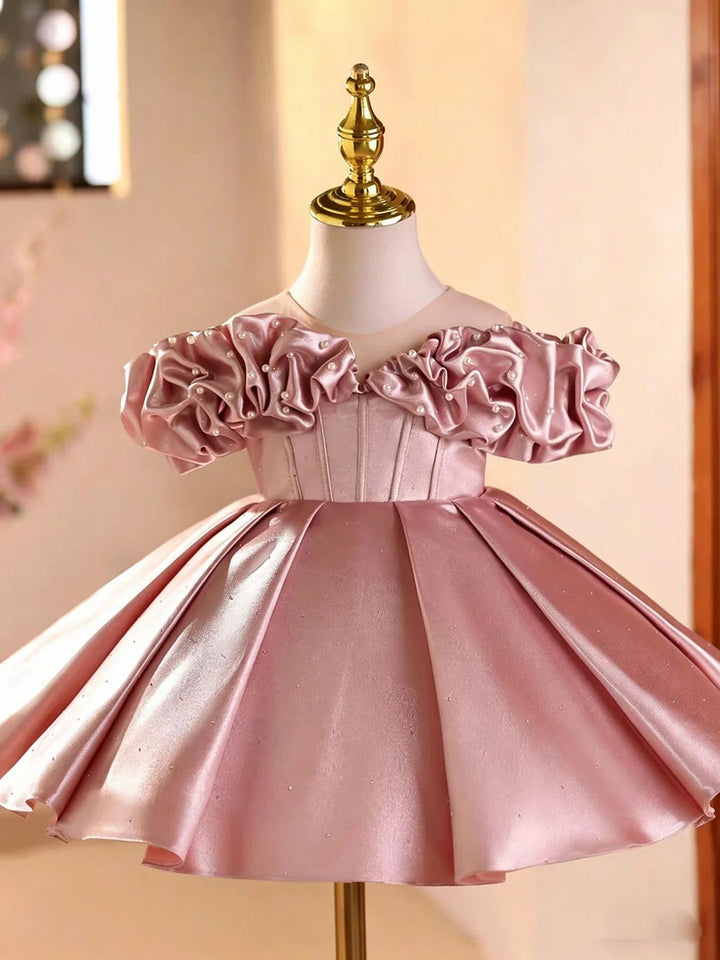 TinyTulle Elegant Pink Off-Shoulder Sleeves Satin Flower Girl Dress with Pearl Details