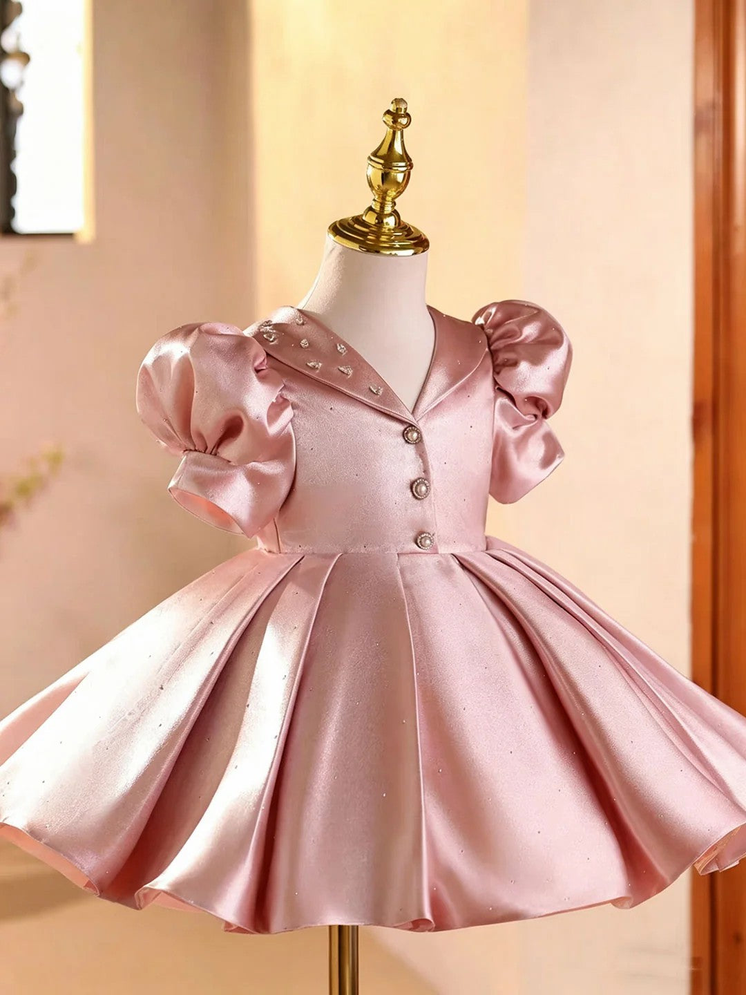 TinyTulle Elegant Pink Puff Sleeve V-Neck Satin Princess Flower Girl Dress