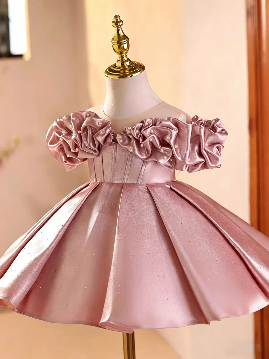 TinyTulle Elegant Pink Off-Shoulder Sleeves Satin Flower Girl Dress with Pearl Details
