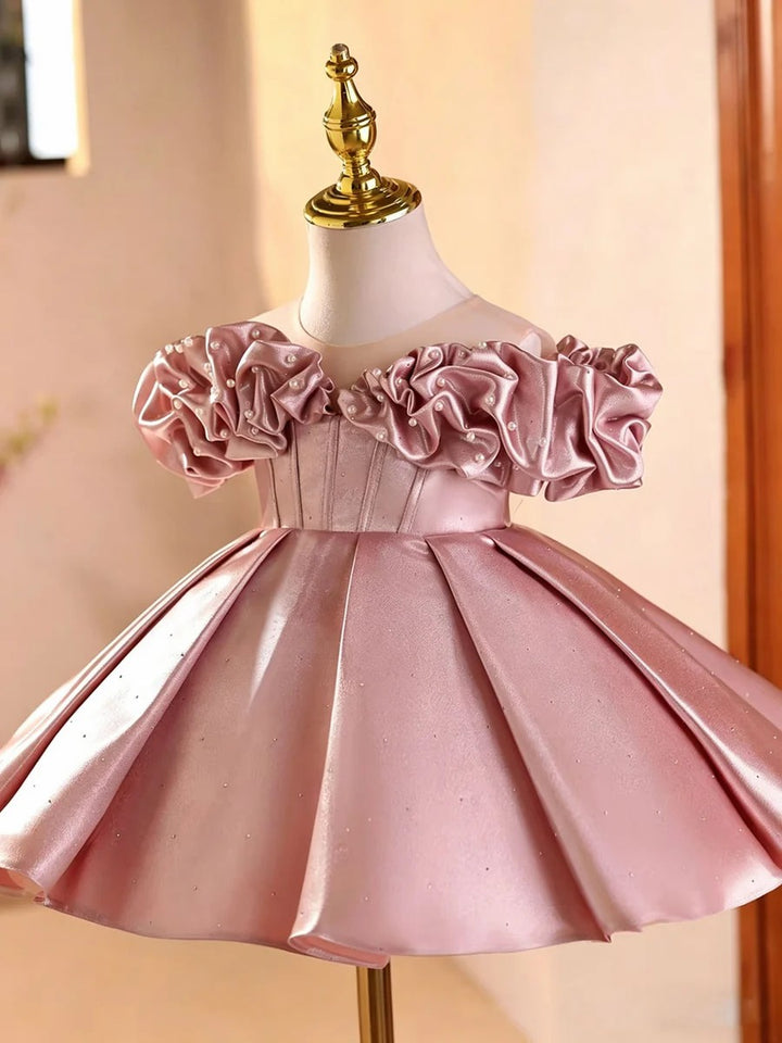 TinyTulle Elegant Pink Off-Shoulder Sleeves Satin Flower Girl Dress with Pearl Details