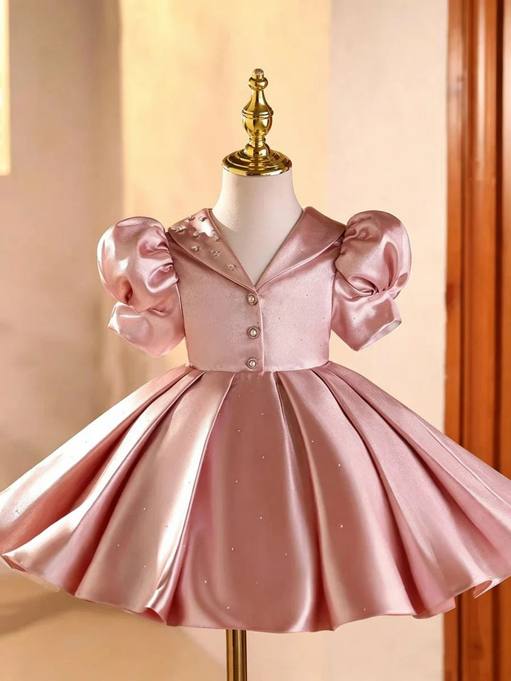 TinyTulle Elegant Pink Puff Sleeve V-Neck Satin Princess Flower Girl Dress