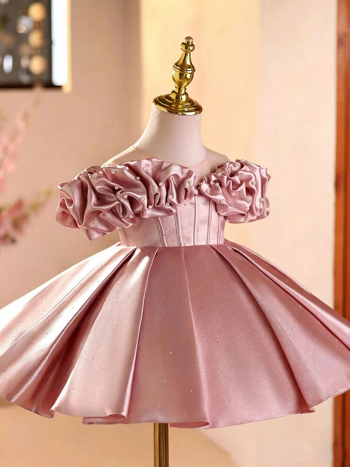 TinyTulle Elegant Pink Off-Shoulder Sleeves Satin Flower Girl Dress with Pearl Details
