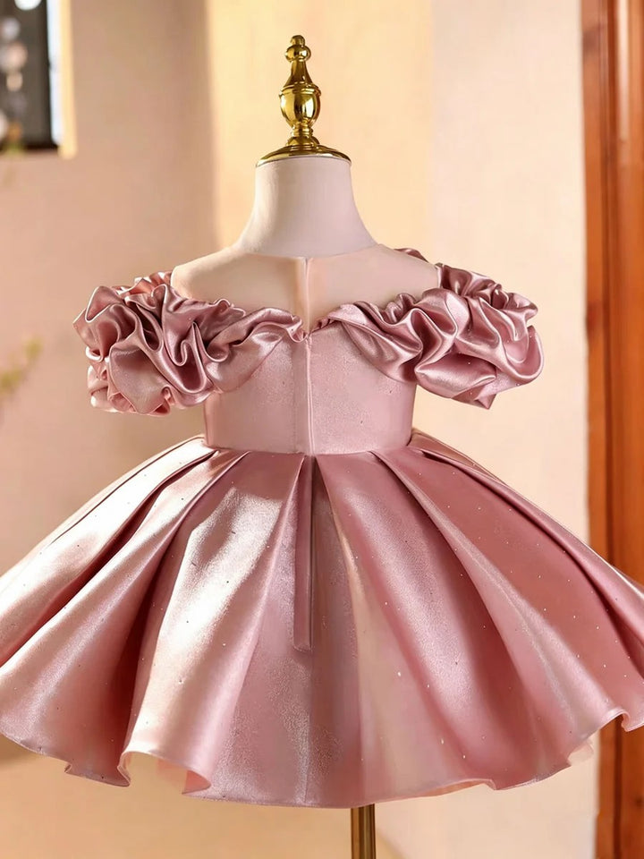TinyTulle Elegant Pink Off-Shoulder Sleeves Satin Flower Girl Dress with Pearl Details