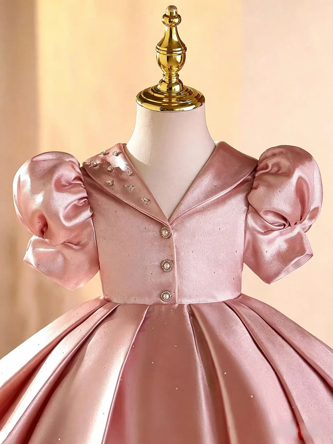 TinyTulle Elegant Pink Puff Sleeve V-Neck Satin Princess Flower Girl Dress