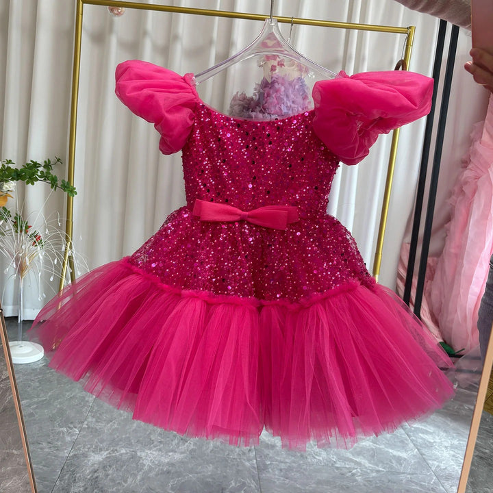 TinyTulle Elegant Pink Puff Sleeve Sequin Tulle Princess Flower Girl Dress with Bow