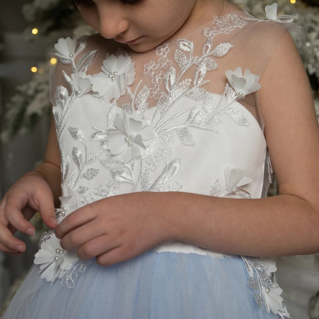 TinyTulle Elegant Floral Appliqué Tulle Knee-Length Flower Girl Dress with Bow