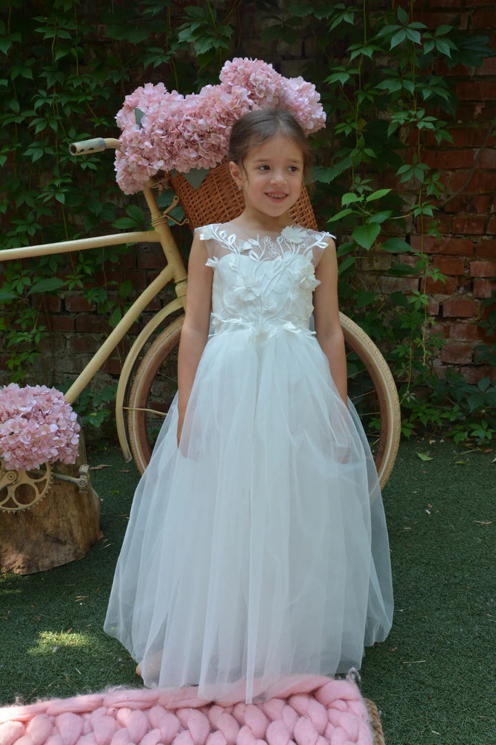TinyTulle Elegant White Floral Applique A-Line Flower Girl Dress with Bow