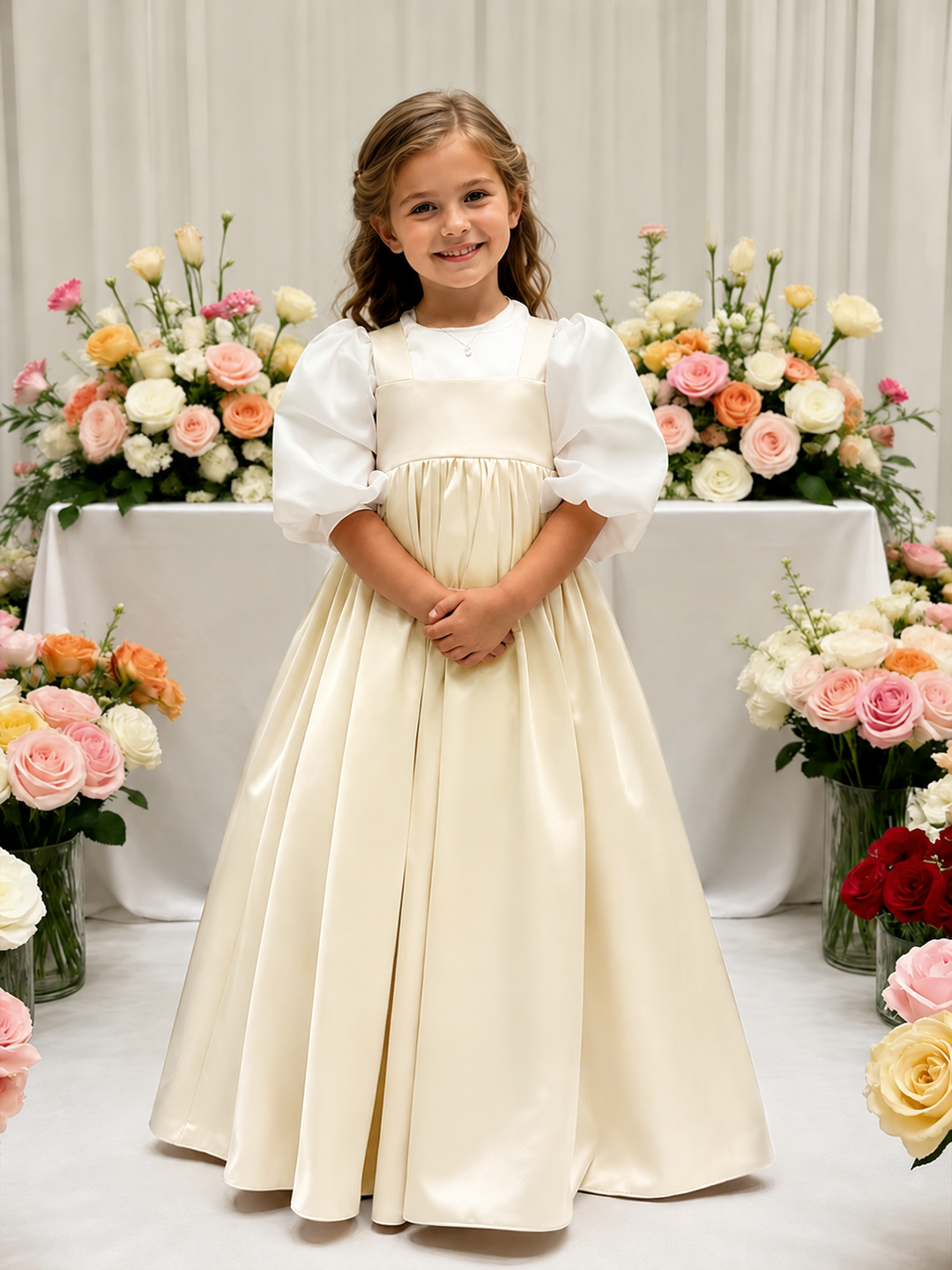 TinyTulle Elegant Ivory Satin High-Waist Puff Sleeve Flower Girl Dress for Weddings