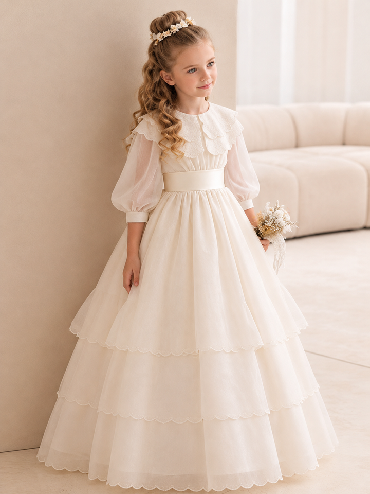 TinyTulle Ivory Tiered Tulle Flower Girl Dress with Elegant Lace Collar
