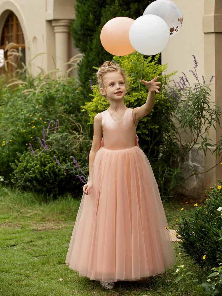 TinyTulle Elegant V-Neck Sleeveless Tulle Flower Girl Dress with Satin Bowknot