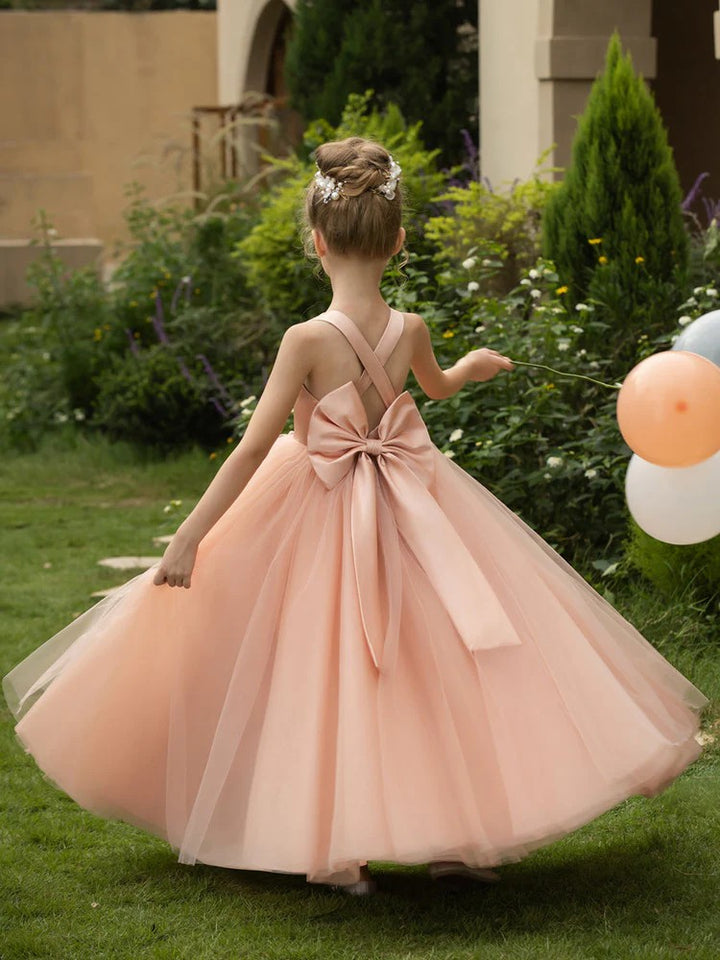 TinyTulle Elegant V-Neck Sleeveless Tulle Flower Girl Dress with Satin Bowknot
