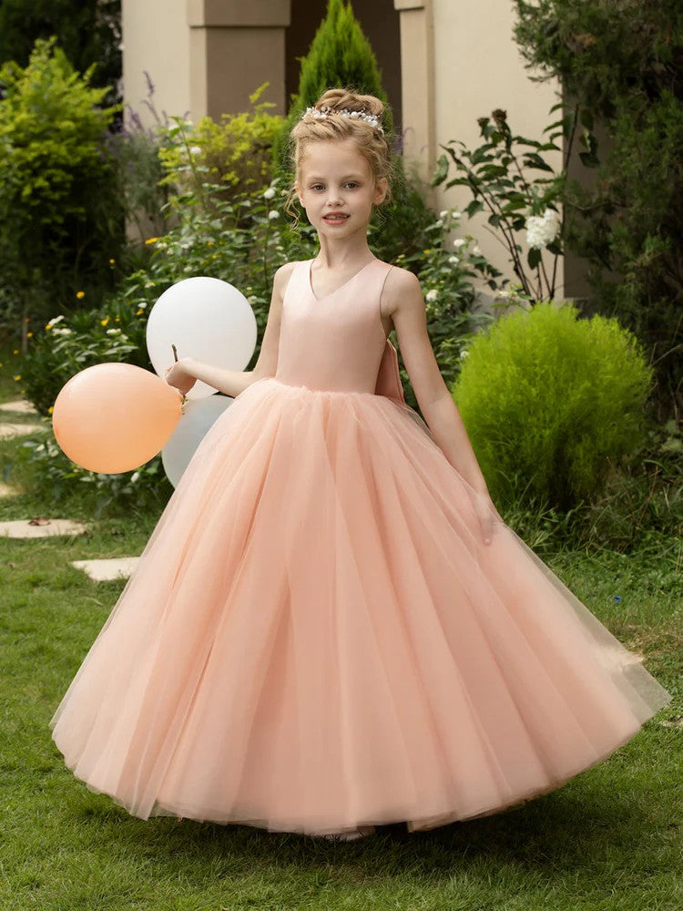TinyTulle Elegant V-Neck Sleeveless Tulle Flower Girl Dress with Satin Bowknot