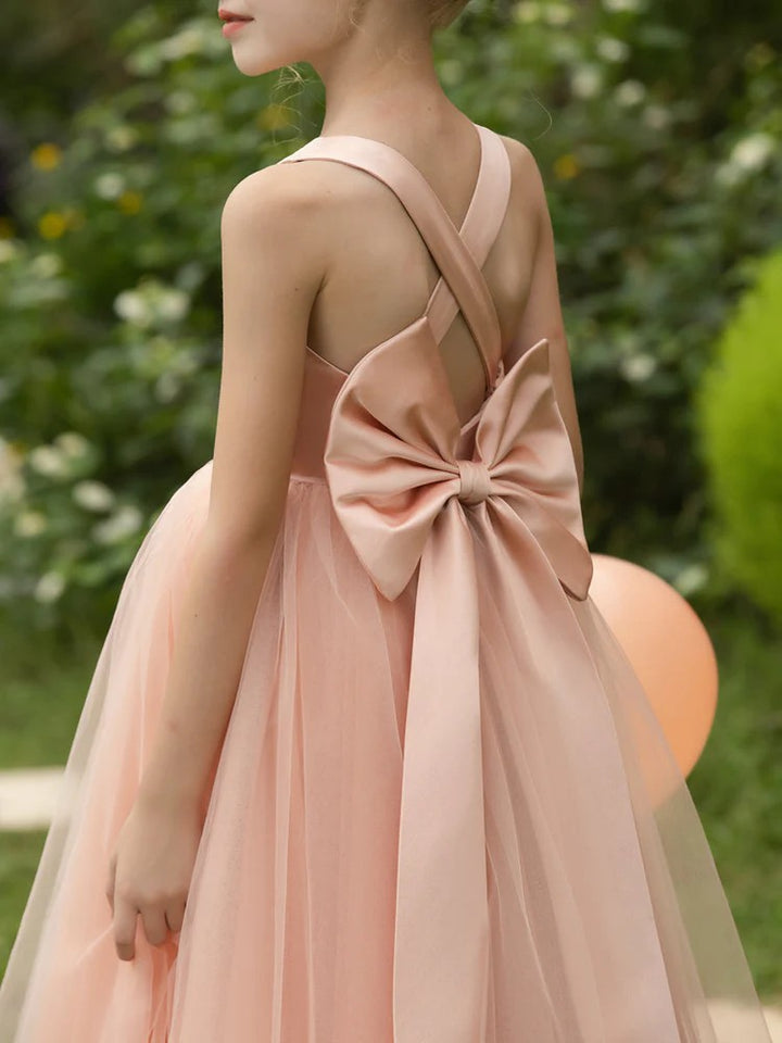 TinyTulle Elegant V-Neck Sleeveless Tulle Flower Girl Dress with Satin Bowknot