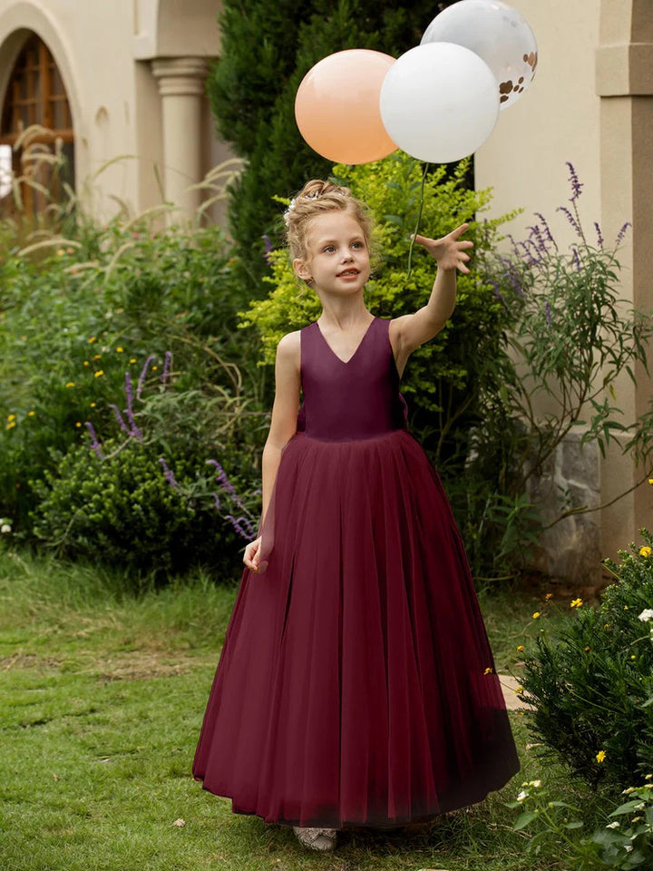 TinyTulle Elegant V-Neck Sleeveless Tulle Flower Girl Dress with Satin Bowknot