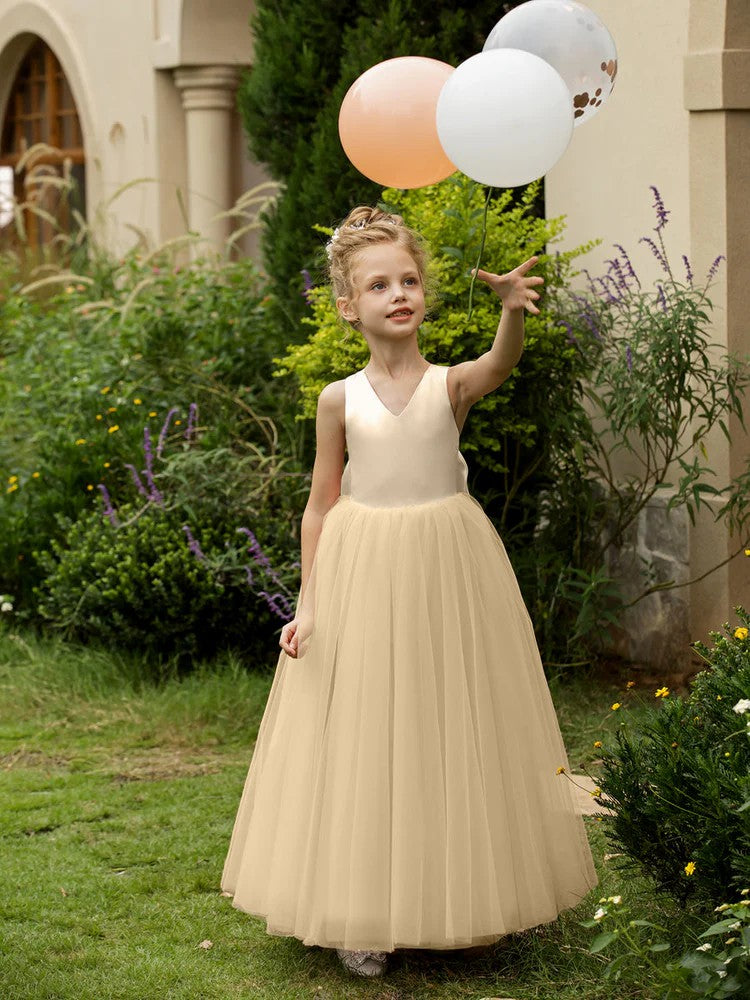 TinyTulle Elegant V-Neck Sleeveless Tulle Flower Girl Dress with Satin Bowknot