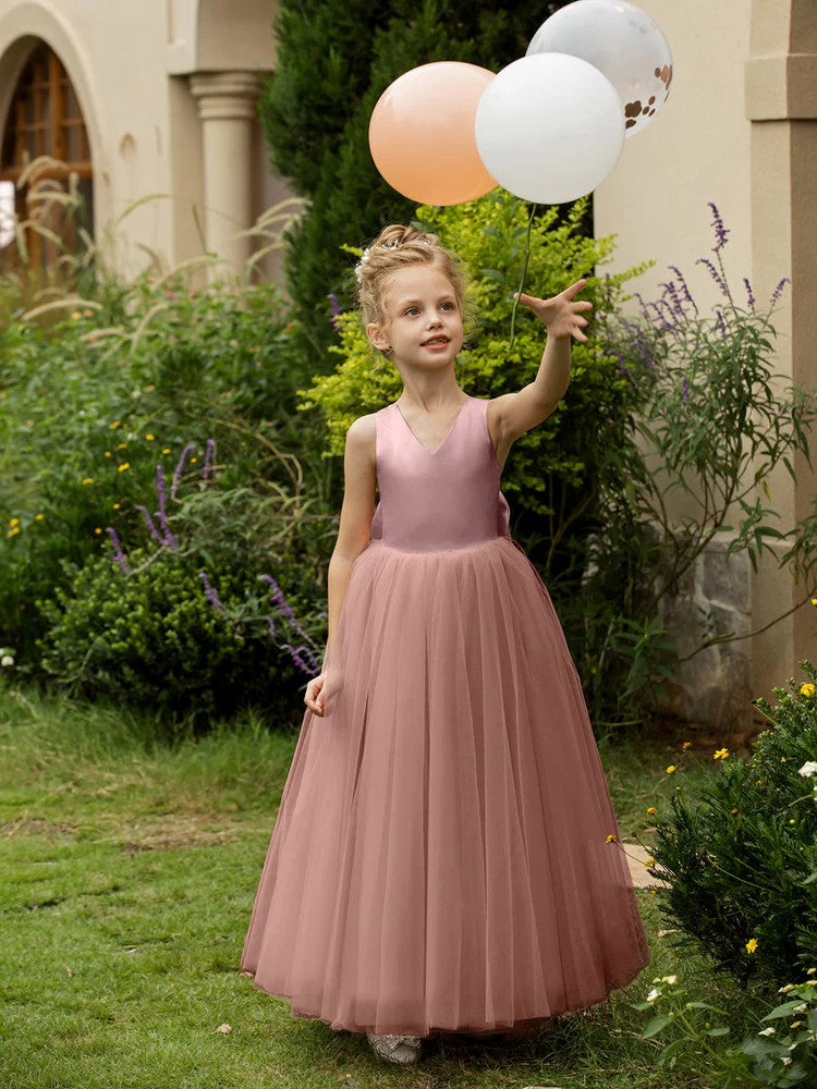 TinyTulle Elegant V-Neck Sleeveless Tulle Flower Girl Dress with Satin Bowknot