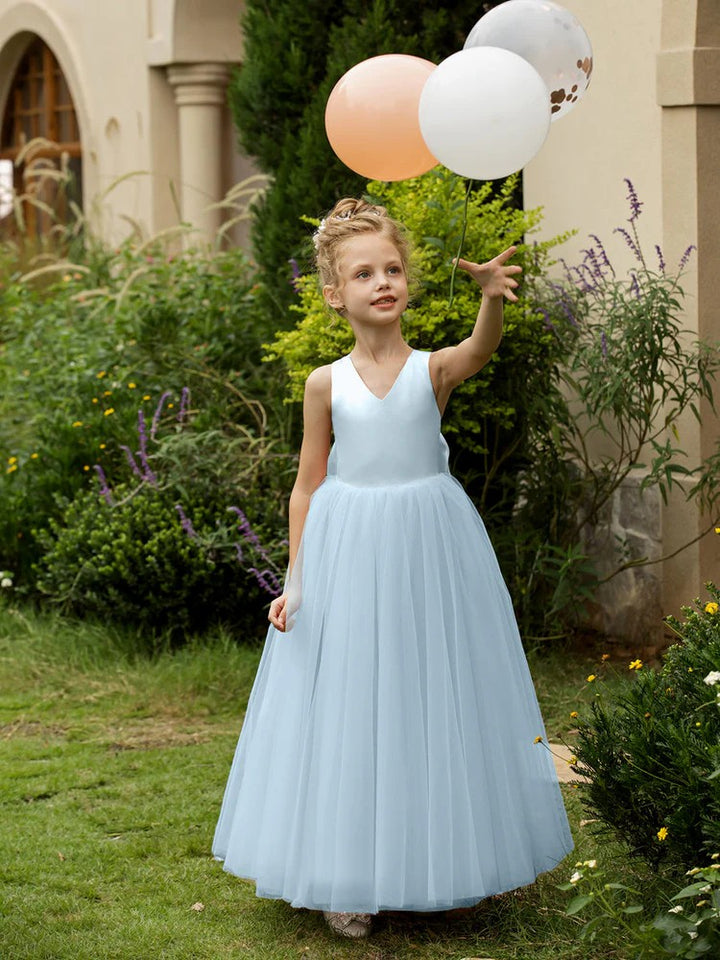TinyTulle Elegant V-Neck Sleeveless Tulle Flower Girl Dress with Satin Bowknot