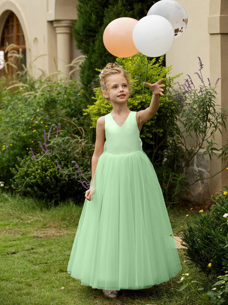 TinyTulle Elegant V-Neck Sleeveless Tulle Flower Girl Dress with Satin Bowknot