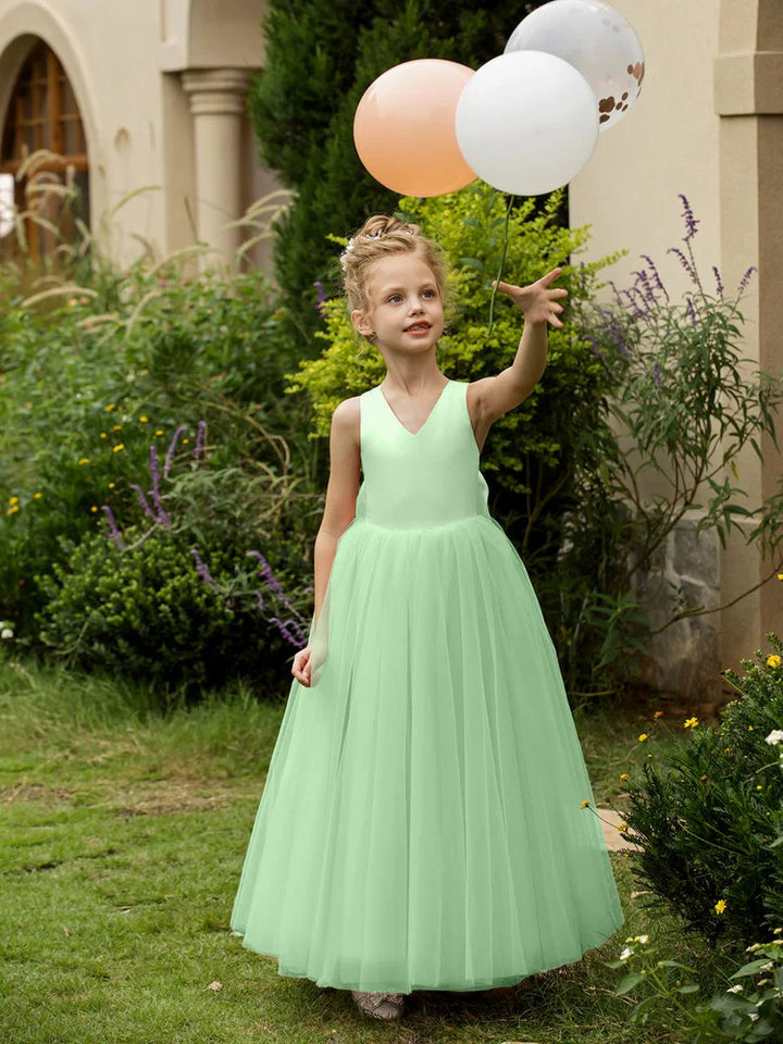 TinyTulle Elegant V-Neck Sleeveless Tulle Flower Girl Dress with Satin Bowknot