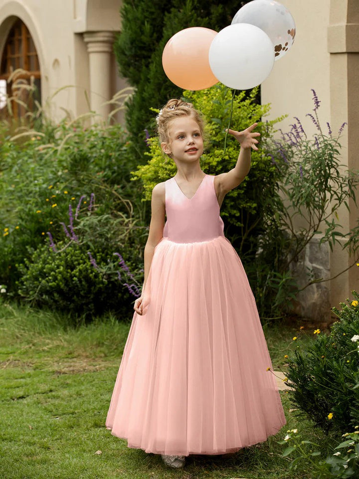 TinyTulle Elegant V-Neck Sleeveless Tulle Flower Girl Dress with Satin Bowknot