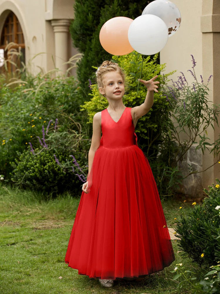 TinyTulle Elegant V-Neck Sleeveless Tulle Flower Girl Dress with Satin Bowknot