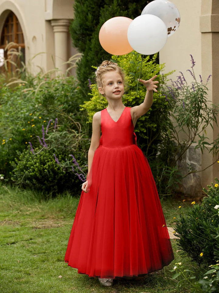 TinyTulle Elegant V-Neck Sleeveless Tulle Flower Girl Dress with Satin Bowknot