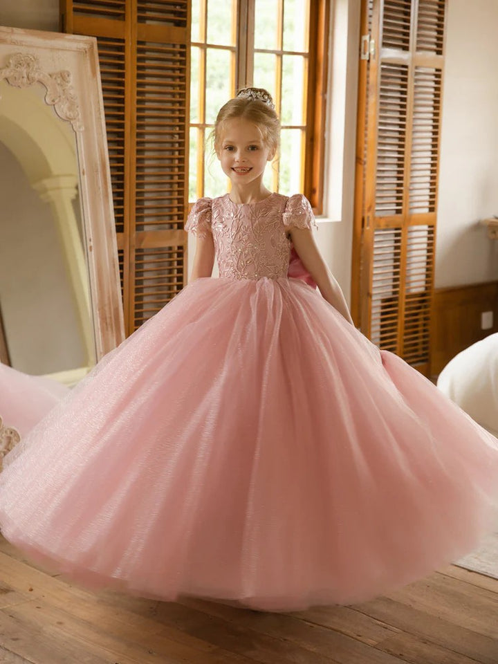TinyTulle Elegant Lace Applique Cap Sleeve Tulle Flower Girl Dress with V-Back &amp; Bow