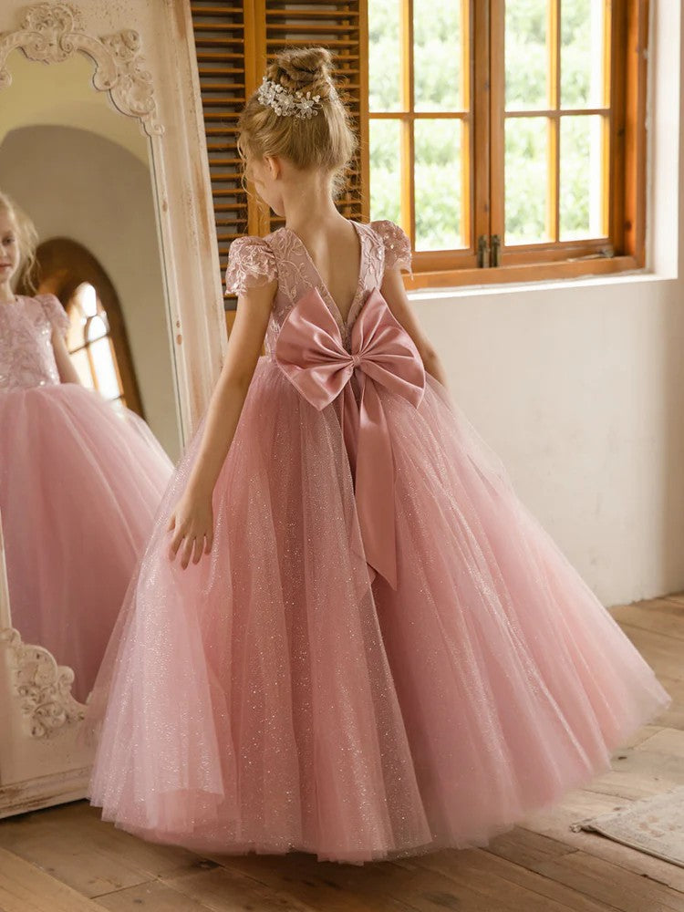 TinyTulle Elegant Lace Applique Cap Sleeve Tulle Flower Girl Dress with V-Back &amp; Bow