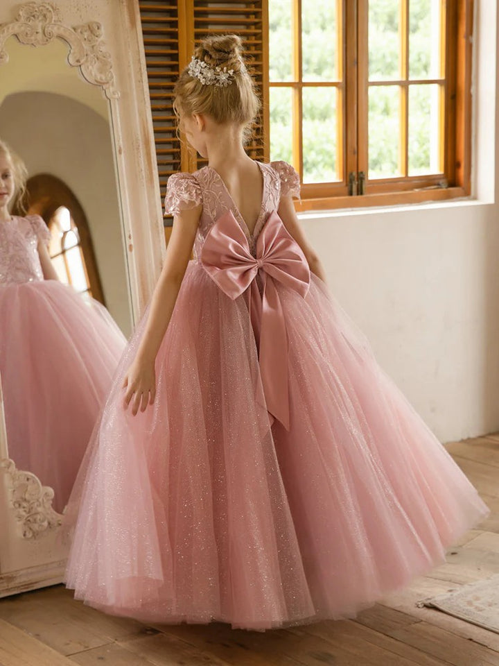 TinyTulle Elegant Lace Applique Cap Sleeve Tulle Flower Girl Dress with V-Back &amp; Bow