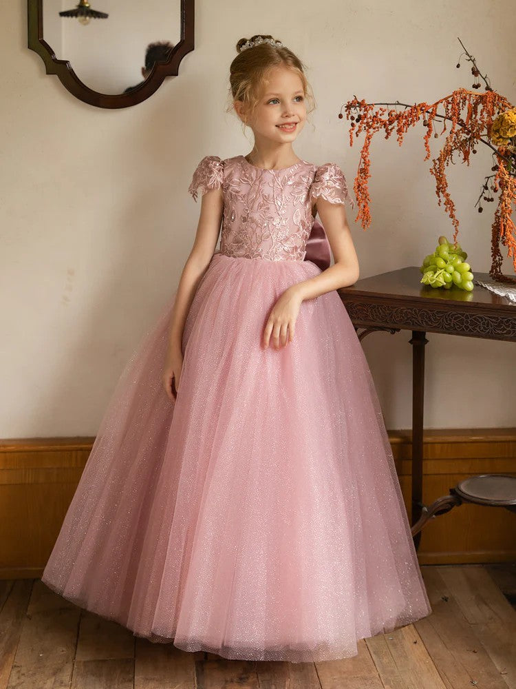 TinyTulle Elegant Lace Applique Cap Sleeve Tulle Flower Girl Dress with V-Back &amp; Bow