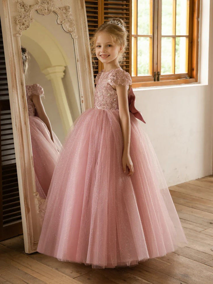 TinyTulle Elegant Lace Applique Cap Sleeve Tulle Flower Girl Dress with V-Back &amp; Bow