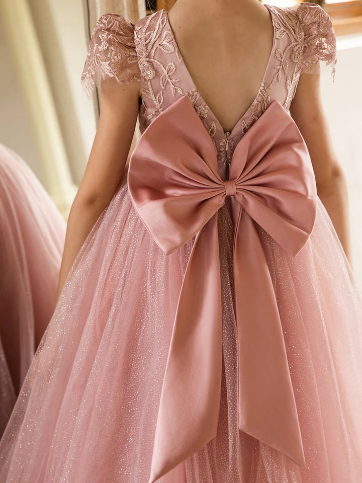 TinyTulle Elegant Lace Applique Cap Sleeve Tulle Flower Girl Dress with V-Back &amp; Bow
