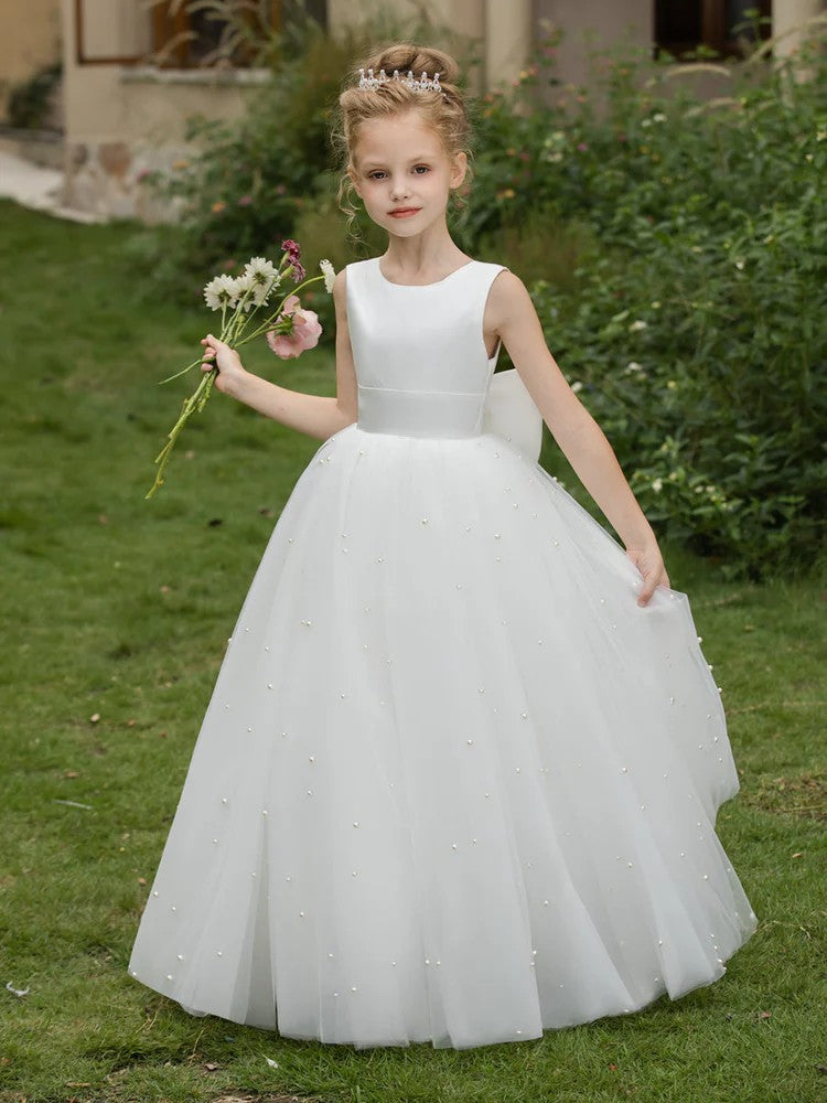 TinyTulle Elegant Sleeveless Tulle Princess Flower Girl Dress with Pearls &amp; Bow