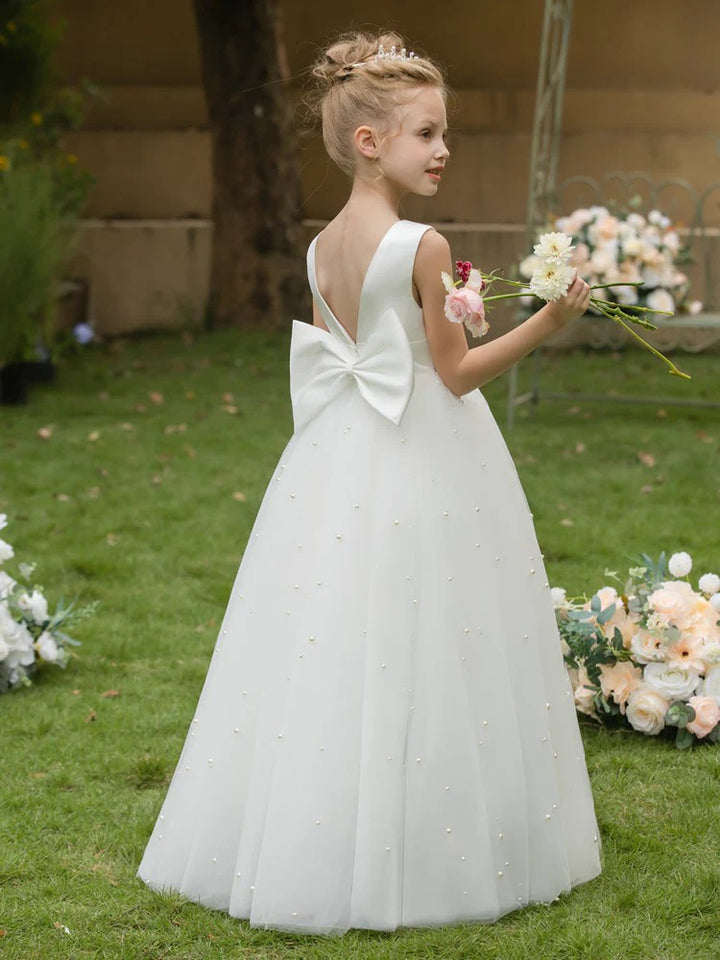 TinyTulle Elegant Sleeveless Tulle Princess Flower Girl Dress with Pearls &amp; Bow