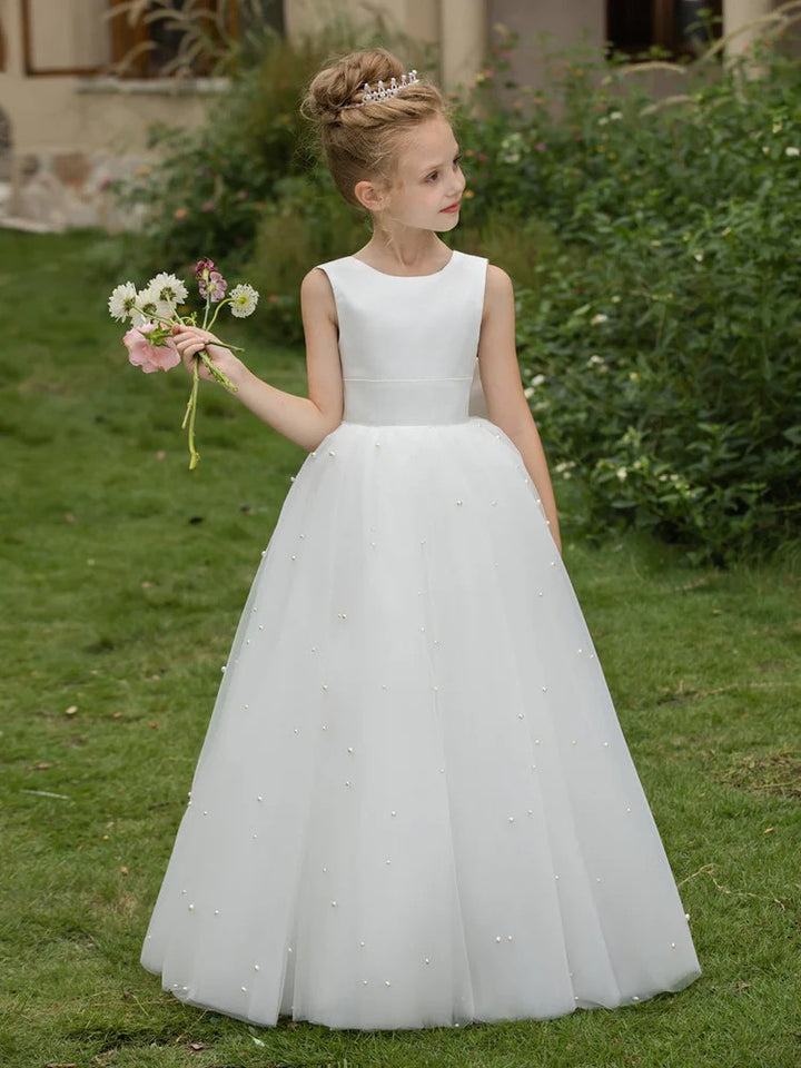 TinyTulle Elegant Sleeveless Tulle Princess Flower Girl Dress with Pearls &amp; Bow
