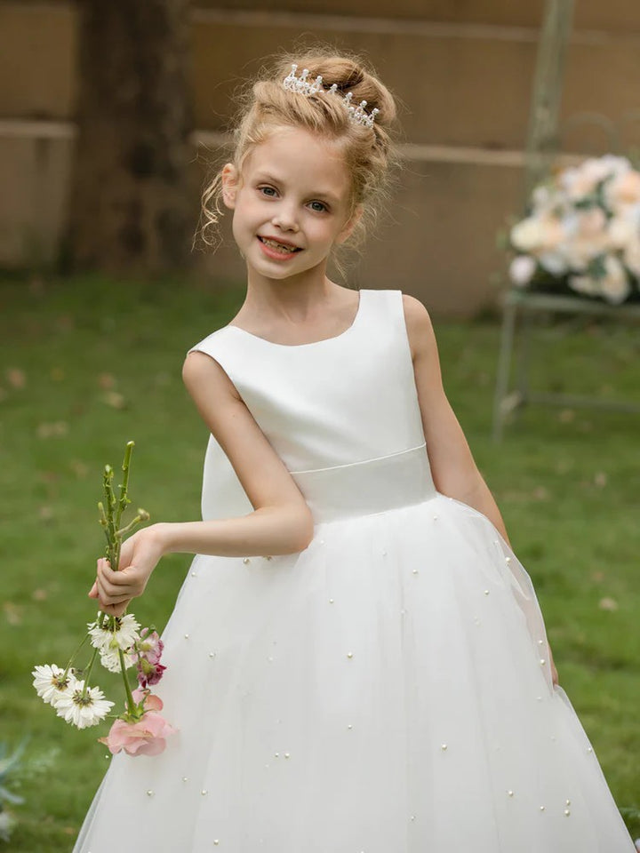 TinyTulle Elegant Sleeveless Tulle Princess Flower Girl Dress with Pearls &amp; Bow