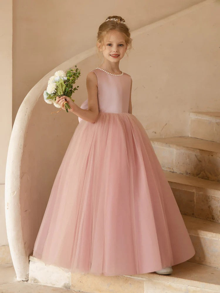 TinyTulle Elegant Sleeveless Tulle Floor-Length Flower Girl Dress with Pearls &amp; Satin Bow
