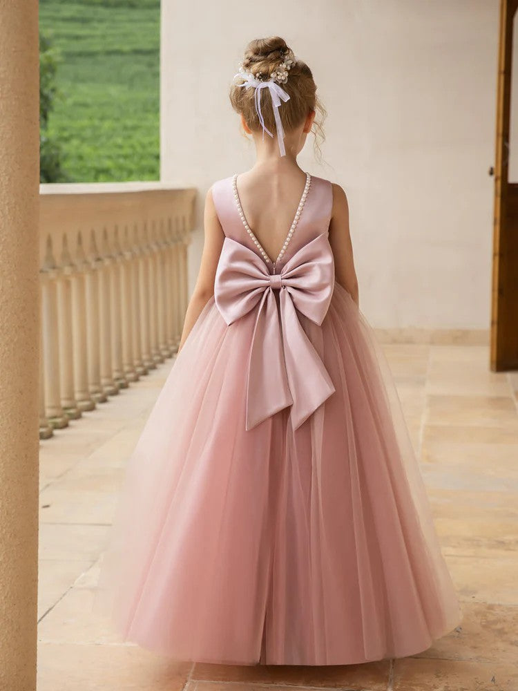 TinyTulle Elegant Sleeveless Tulle Floor-Length Flower Girl Dress with Pearls &amp; Satin Bow