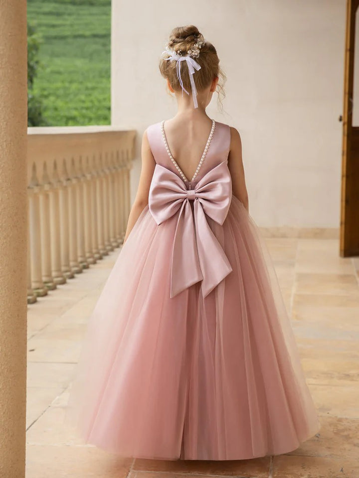 TinyTulle Elegant Sleeveless Tulle Floor-Length Flower Girl Dress with Pearls &amp; Satin Bow