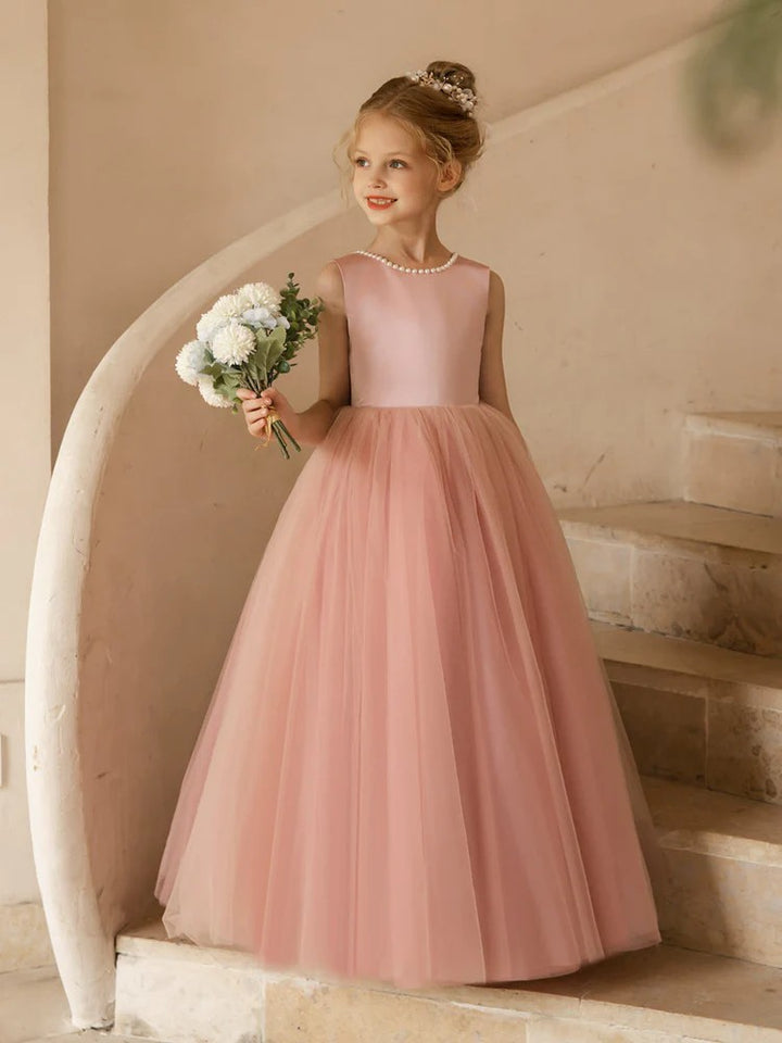 TinyTulle Elegant Sleeveless Tulle Floor-Length Flower Girl Dress with Pearls &amp; Satin Bow