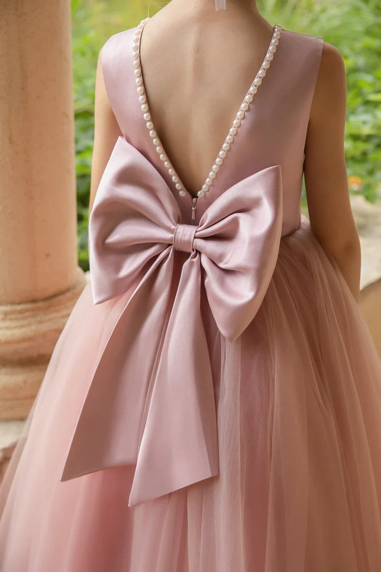 TinyTulle Elegant Sleeveless Tulle Floor-Length Flower Girl Dress with Pearls &amp; Satin Bow