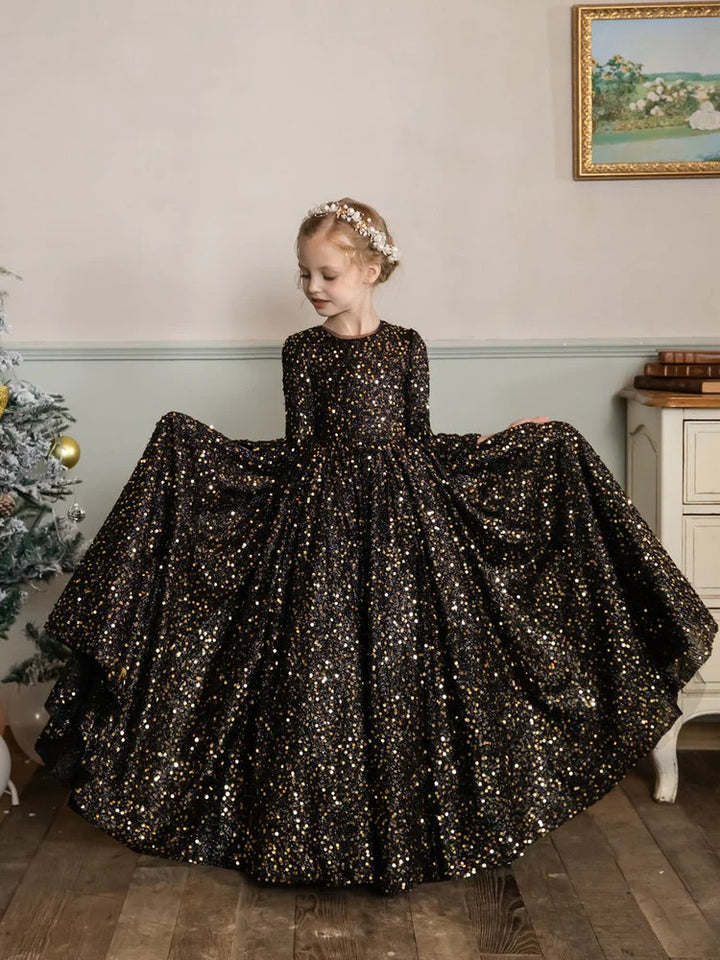 TinyTulle Champagne Sequin Velvet Long Sleeve Princess Flower Girl Dress