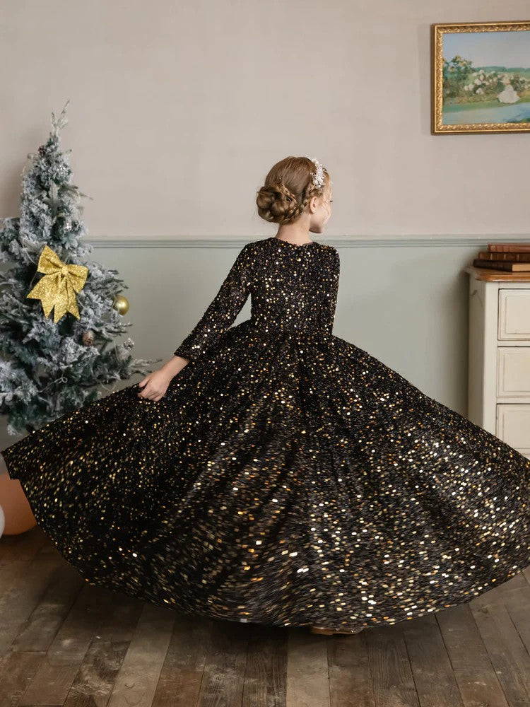 TinyTulle Champagne Sequin Velvet Long Sleeve Princess Flower Girl Dress