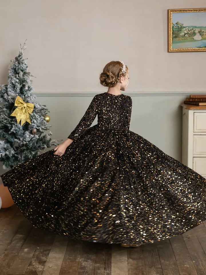 TinyTulle Champagne Sequin Velvet Long Sleeve Princess Flower Girl Dress