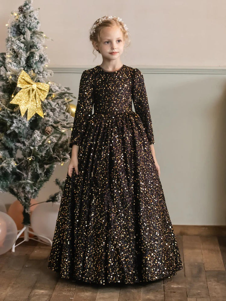 TinyTulle Champagne Sequin Velvet Long Sleeve Princess Flower Girl Dress