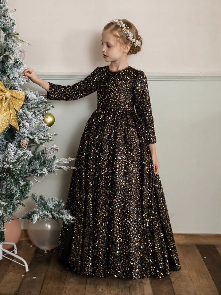 TinyTulle Champagne Sequin Velvet Long Sleeve Princess Flower Girl Dress