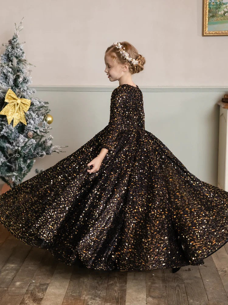 TinyTulle Champagne Sequin Velvet Long Sleeve Princess Flower Girl Dress