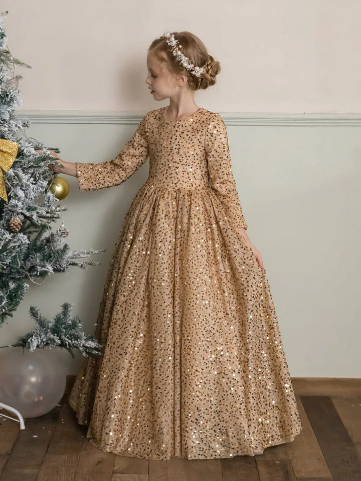 TinyTulle Champagne Sequin Velvet Long Sleeve Princess Flower Girl Dress